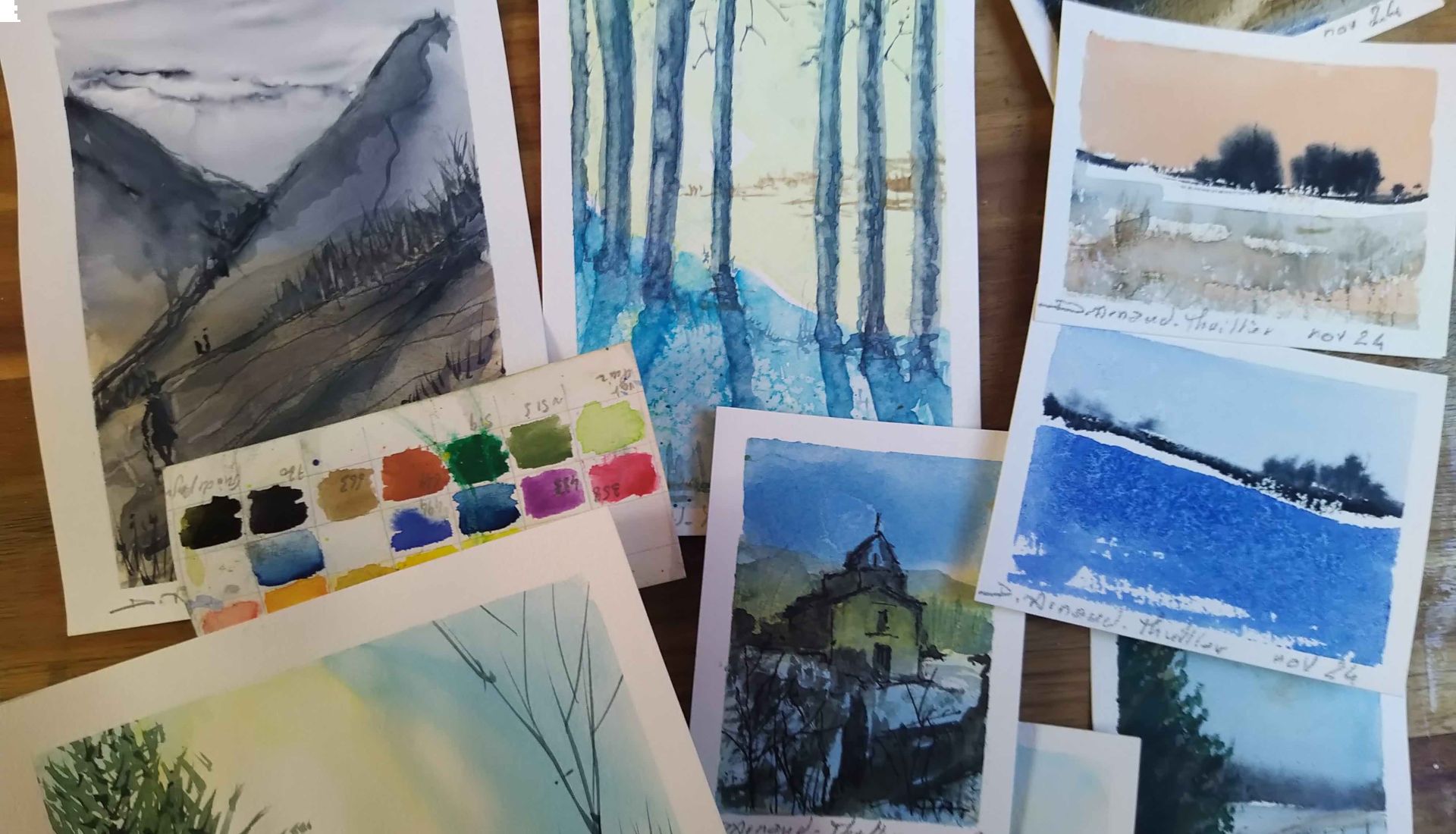 AQUARELLE ÉLÉMENTS DE PAYSAGE ET SAISONS HIVER
