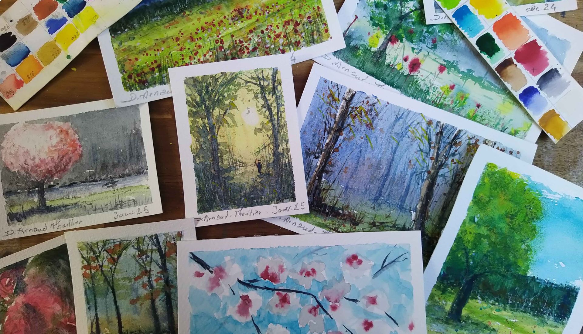 AQUARELLE ÉLÉMENTS DE PAYSAGE ET SAISONS PRINTEMPS